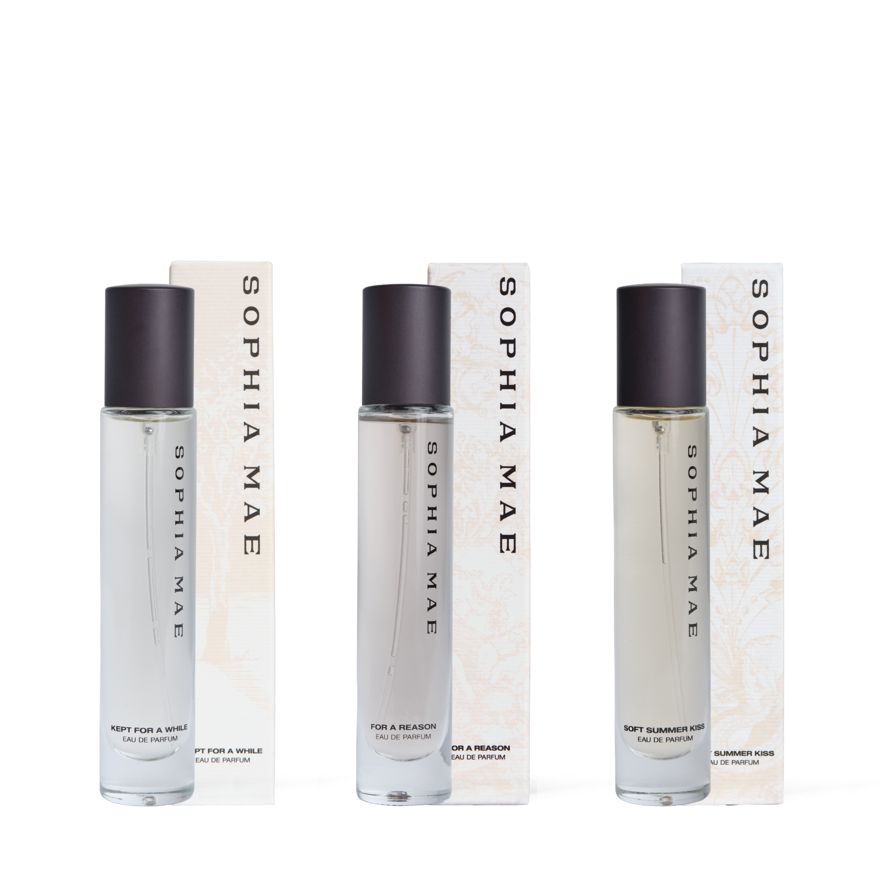 Packshot transparant from three eau de parfum best sellers from SOPHIA MAE with packaging.