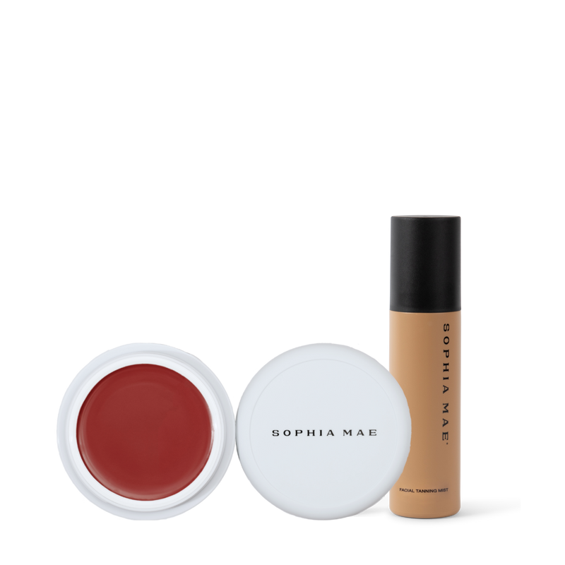 Sun kissed makeup look with tan blush and self tan for face.