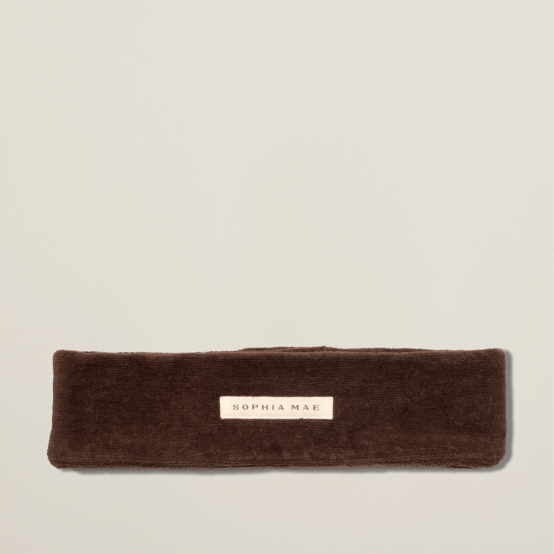 SOPHIA MAE premium cotton headband – made from 100% Portuguese velvet terry cotton with double-layered fabric and adjustable velcro fit.
