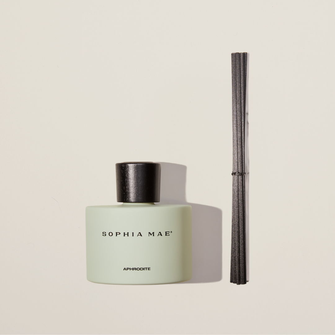 Aphrodite perfumed reeds fragrance sticks in an elegant glass diffuser with vanilla, amber and musk.