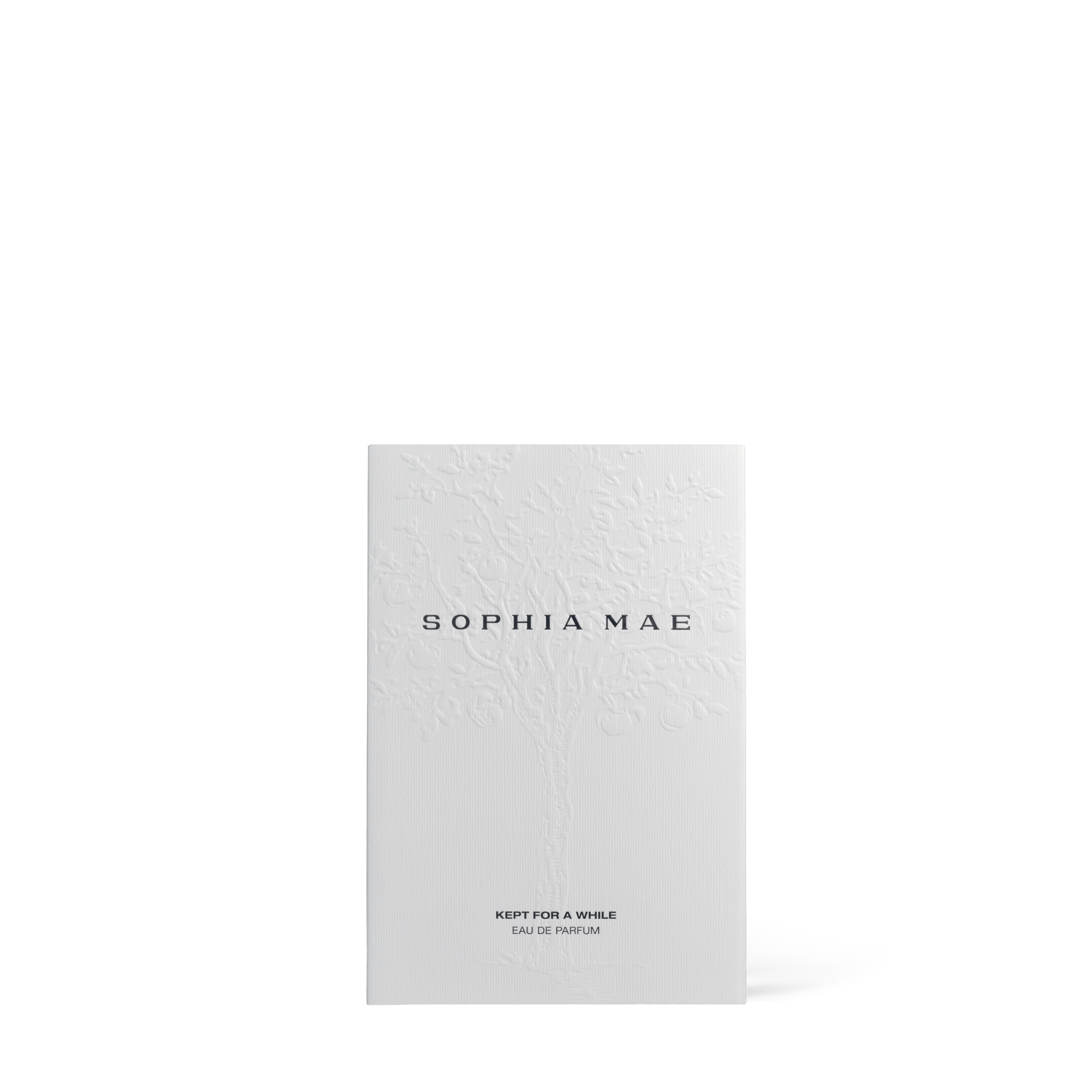 SOPHIA MAE Kept For a While perfume box with subtle embossed details.