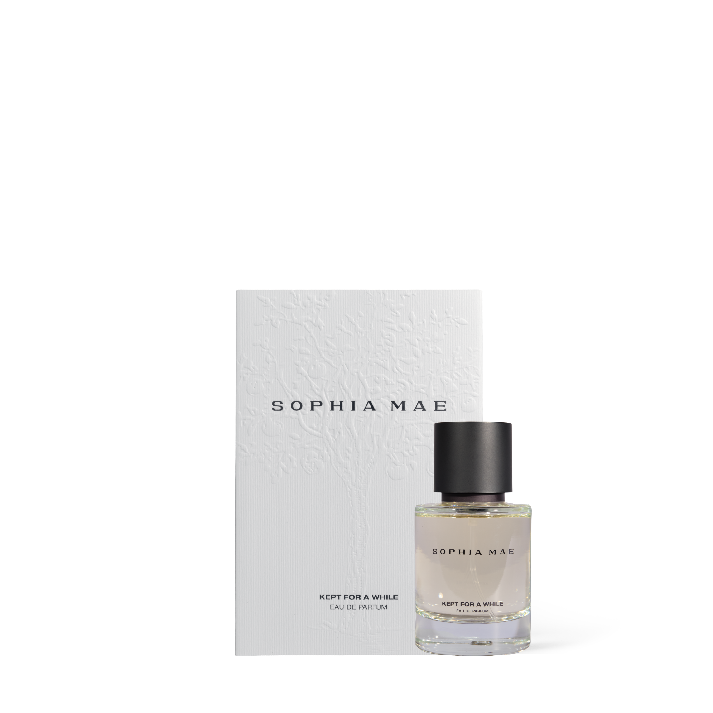 SOPHIA MAE Kept For a While eau de parfum with white embossed packaging and perfume bottle.