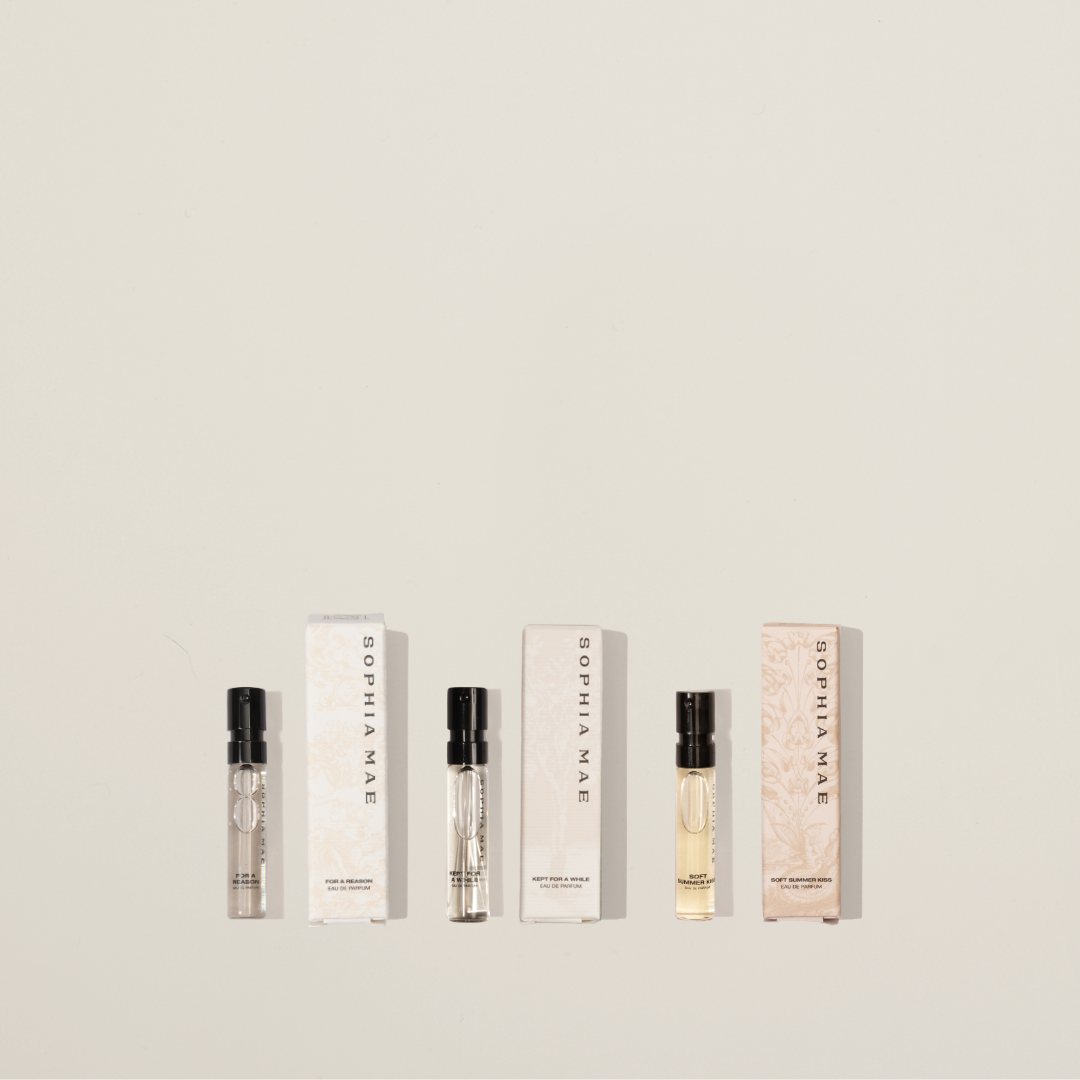 Three SOPHIA MAE Best Seller eau de parfum mini boxes placed side by side, showcasing the For a Reason, Kept for a While, and Soft Summer Kiss fragrances.