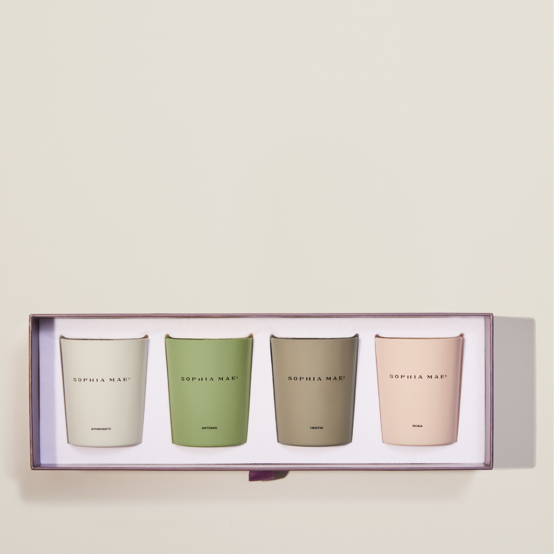 SOPHIA MAE Discovery set – mini scented candle collection with Aphrodite, Artemis, Hestia, and Rosa for a versatile and sensorial home fragrance experience.