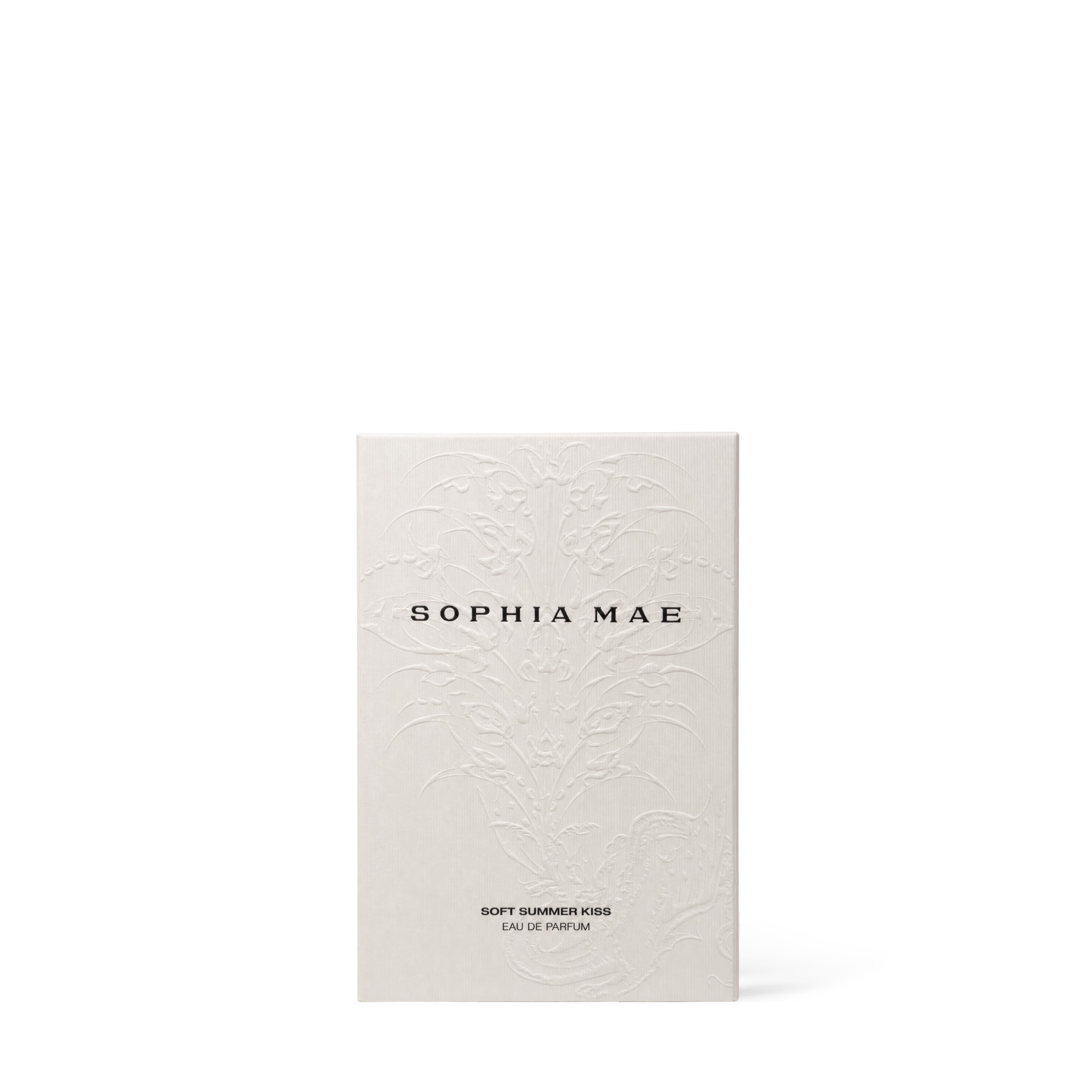 White SOPHIA MAE Soft Summer Kiss eau de parfum packaging featuring a subtle embossed pattern and black branding on the front.