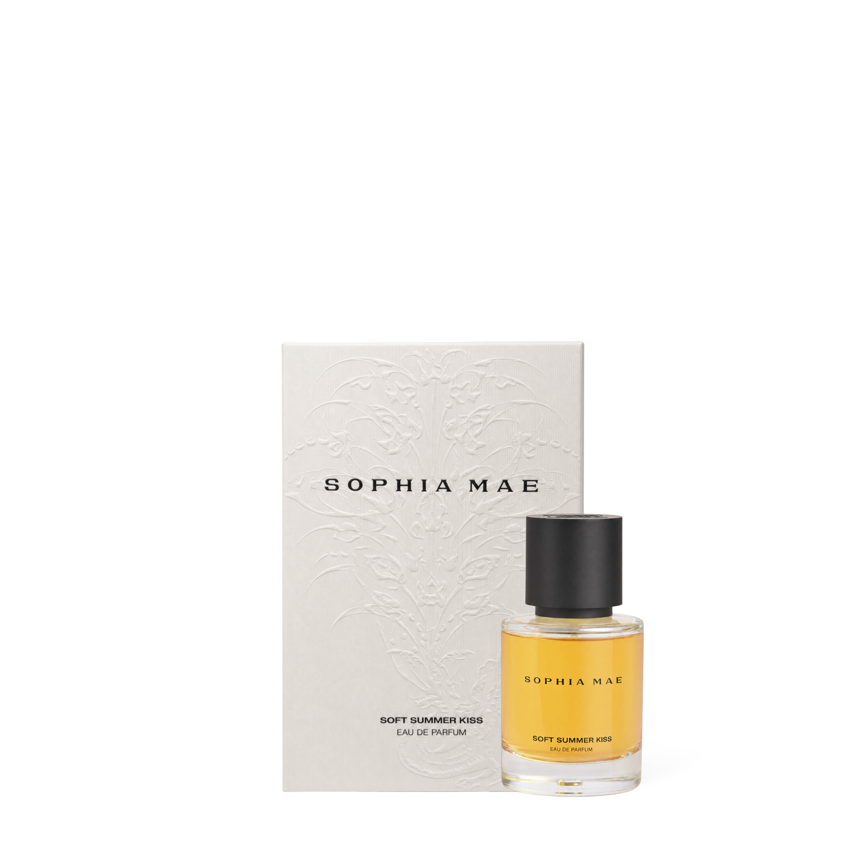 SOPHIA MAE Soft Summer Kiss eau de parfum with white embossed packaging and a perfume bottle filled with golden fragrance, finished with a black cap.
