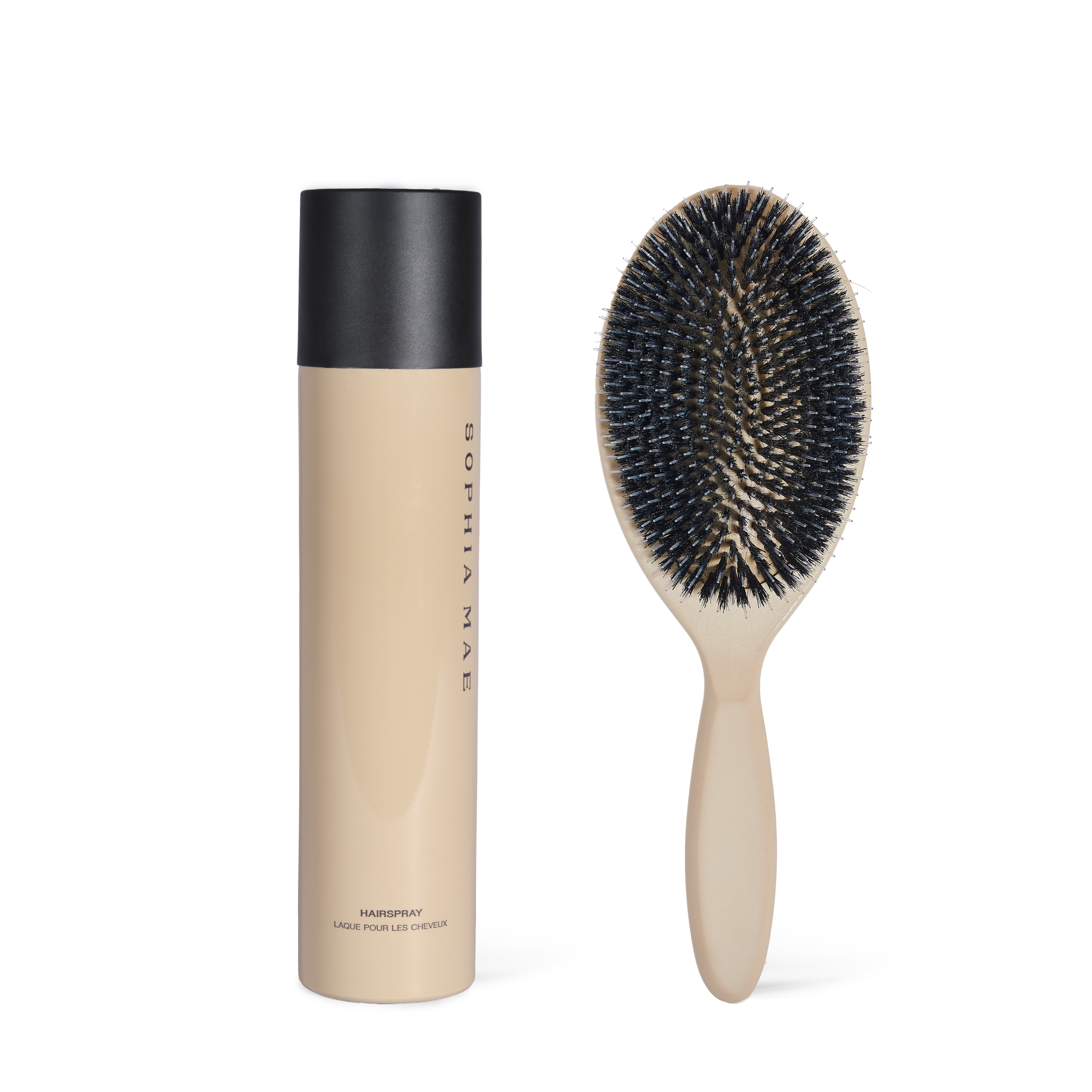SOPHIA MAE hair care with hairbrush and hairspray for hair that stays in place.