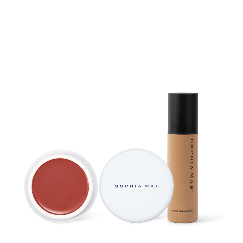 Sun kissed makeup look with tan blush and self tan for face.