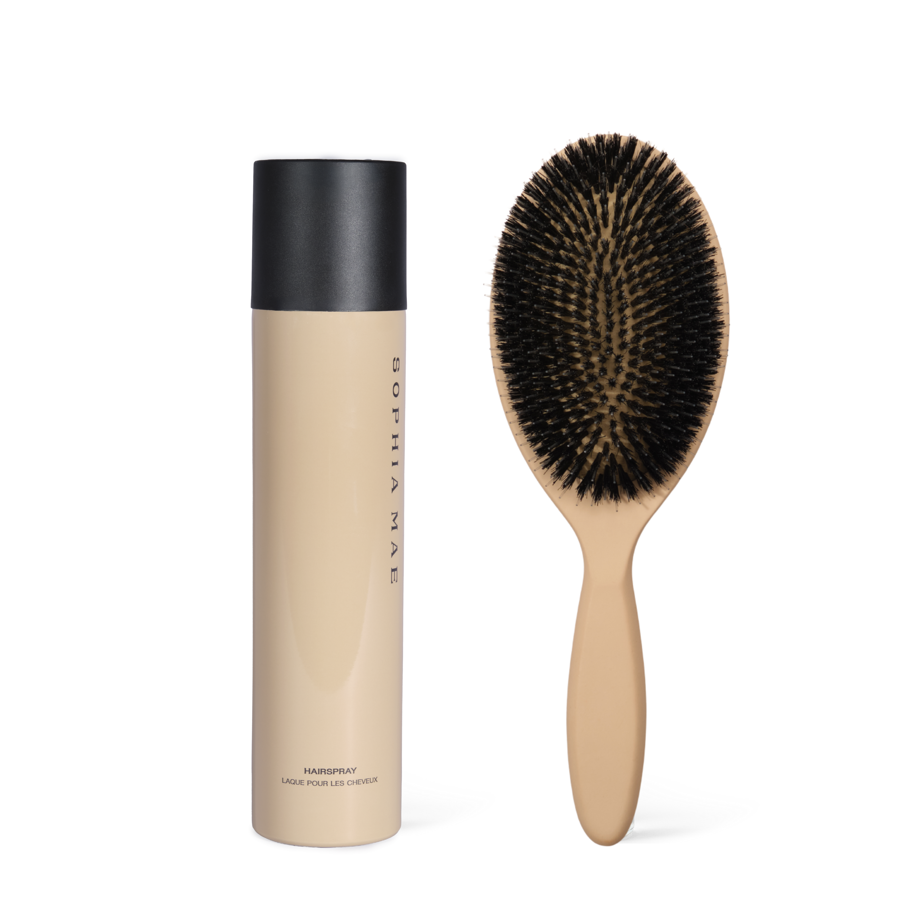 SOPHIA MAE hair care with hairbrush and hairspray for hair that stays in place.