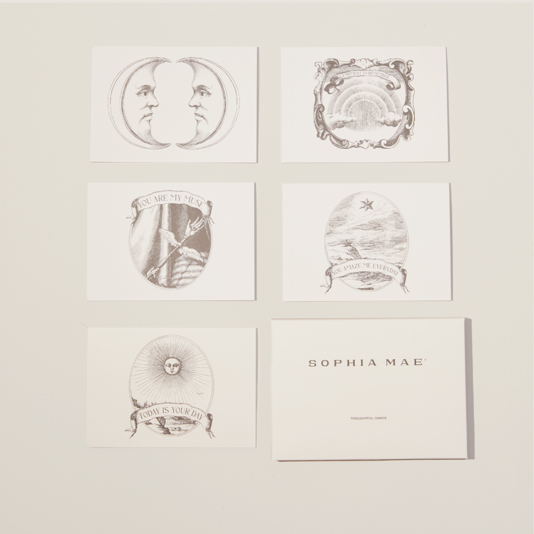 “SOPHIA MAE Thoughtful Cards – set of 5 sustainably made greeting cards with matching envelopes and timeless, nostalgic illustrations.