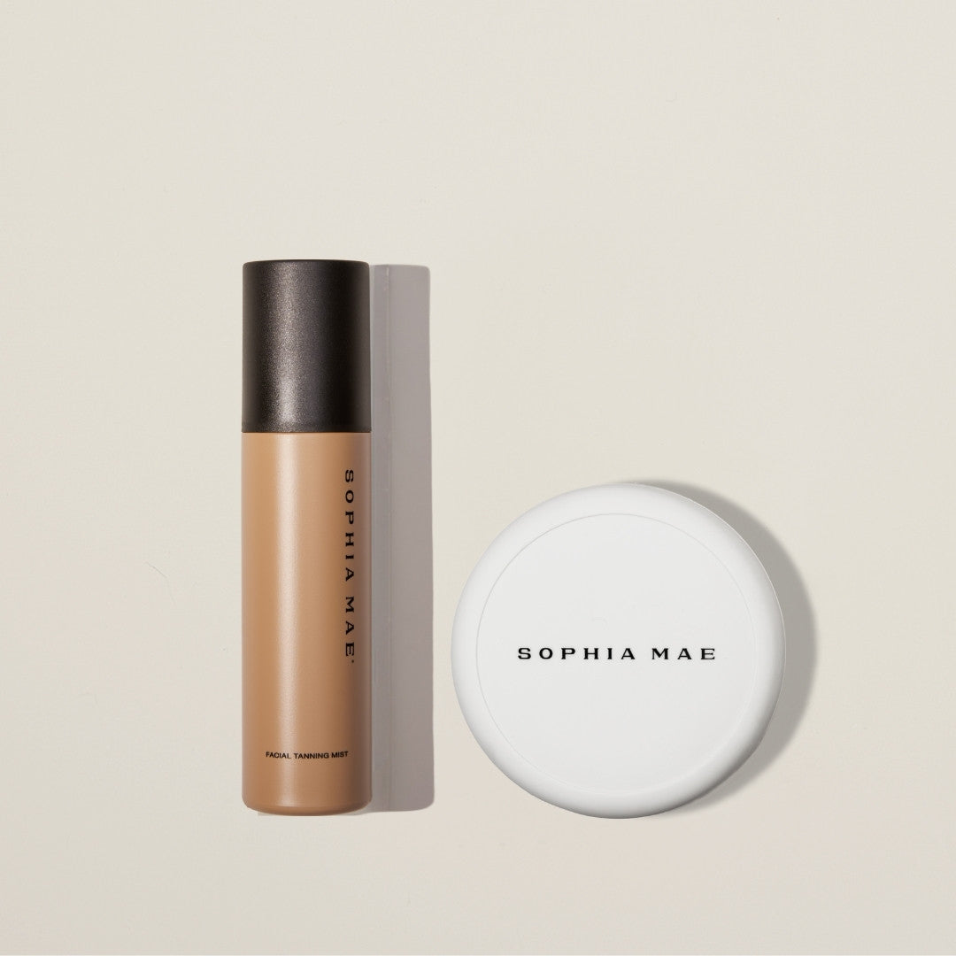 Sun kissed look by SOPHIA MAE with tan blush and best self tanning spray for face.