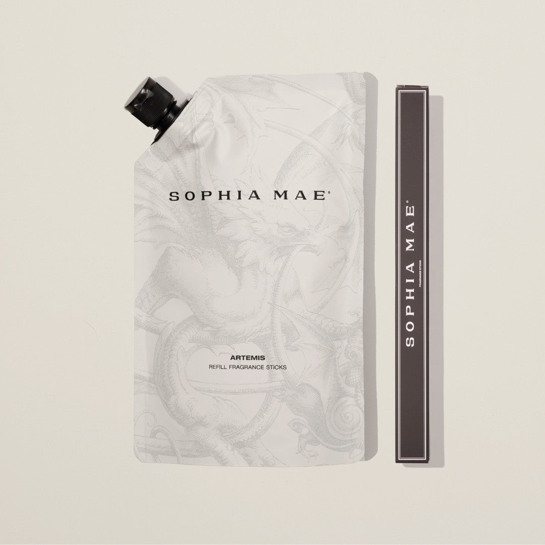 Artemis fragrance refill and diffuser reeds set – a sustainable way to refresh your home with vibrant notes of orange blossom, basil, and bergamot.