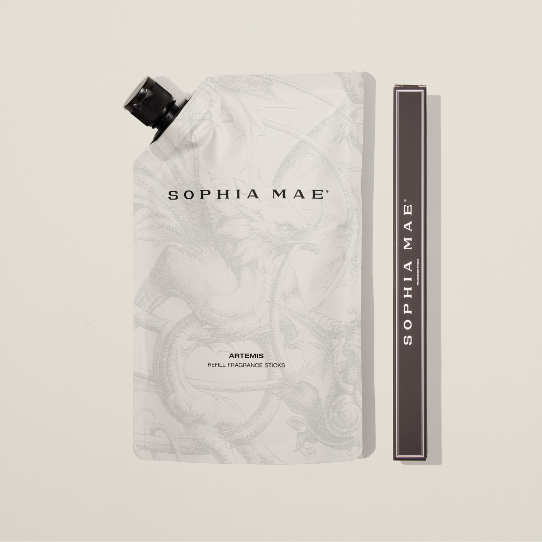 Artemis fragrance refill and diffuser reeds set – a sustainable way to refresh your home with vibrant notes of orange blossom, basil, and bergamot.
