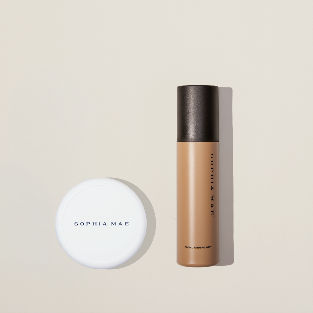 Sun kissed look by SOPHIA MAE with the Ultimate Sunkissed bundle with beige background.