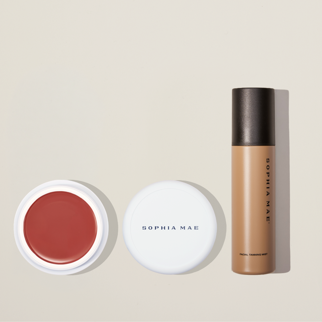 Sun kissed look by SOPHIA MAE with tan blush and best self tanning spray for face.