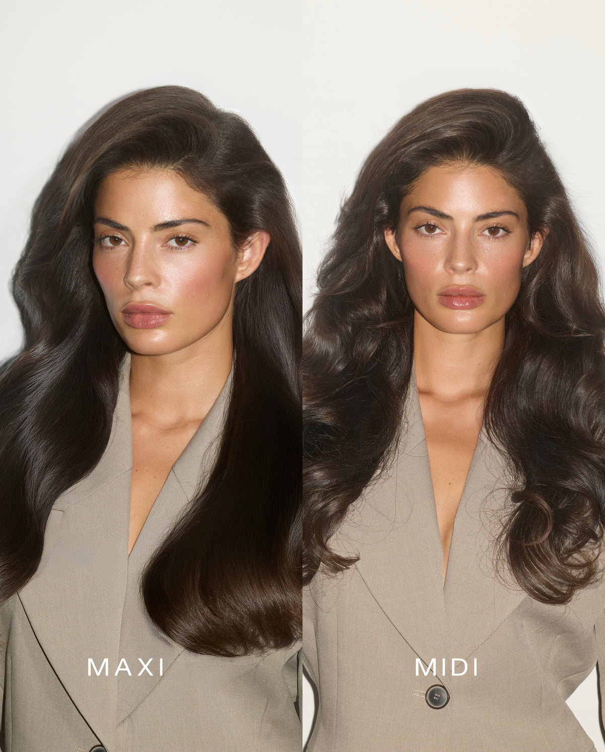 Before-and-after comparison of a model’s hair using SOPHIA MAE Velcro Hair Rollers, showing the different volume and shape created with the Maxi and Midi size