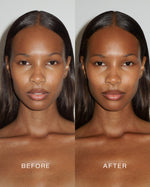 Before-and-after comparison of a model using SOPHIA MAE Facial Tanning Mist, showing a subtly deeper, warmer complexion with a natural sun-kissed finish.