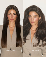 Before-and-after comparison of a model’s hair, showing sleek straight lengths transformed into voluminous, glossy waves because of SOPHIA MAE's rollers with a full-bodied finish.