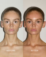 Before-and-after portrait showing the effect of SOPHIA MAE Facial Tanning Mist, with a warmer, more sun-kissed complexion and even-looking glow.