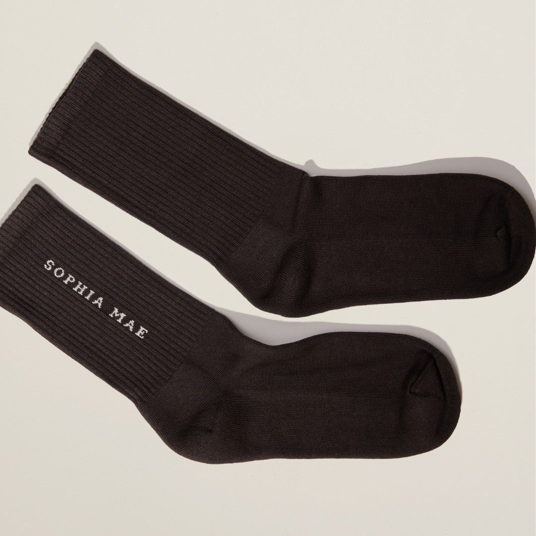 SOPHIA MAE Signature Socks – luxury cotton socks in timeless charcoal with extra-thick footbed for all-day comfort and elegant everyday wear.