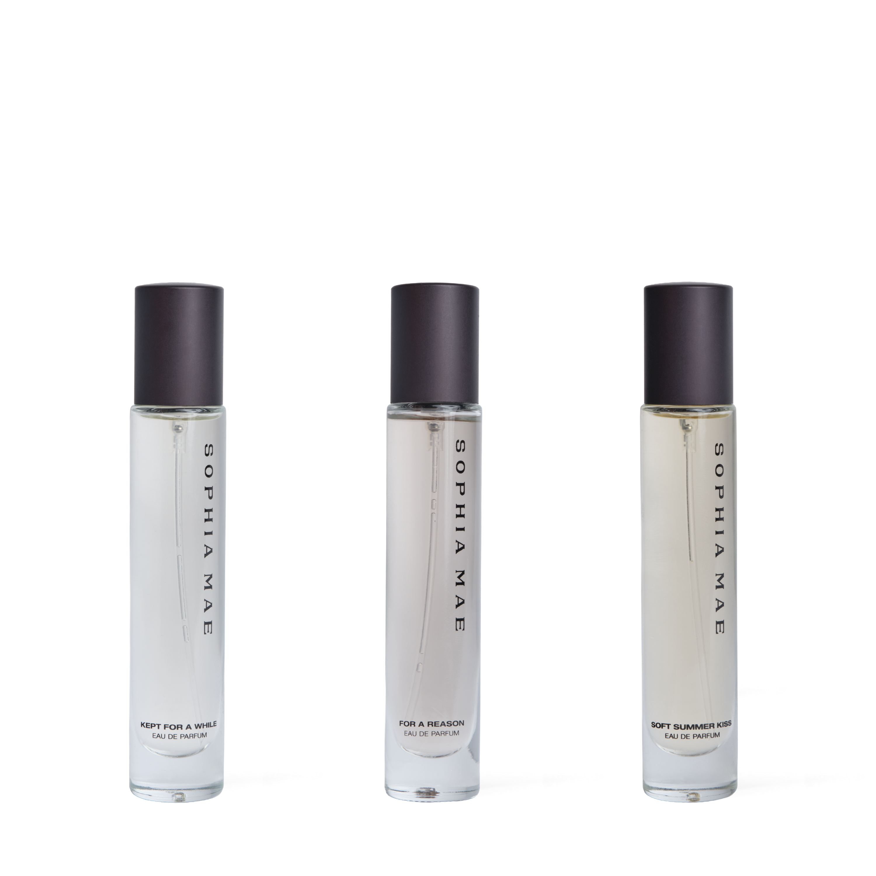 Packshot transparant from three eau de parfum best sellers from SOPHIA MAE without packaging.