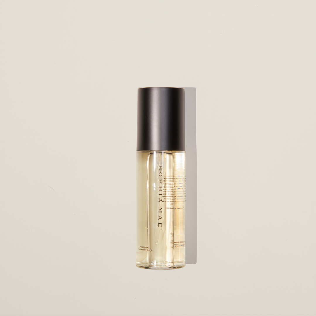 Satin Sheen hair & body oil – nourishing elixir with argan, jojoba, and almond oils for radiant skin and healthy, shiny, frizz-free hair.