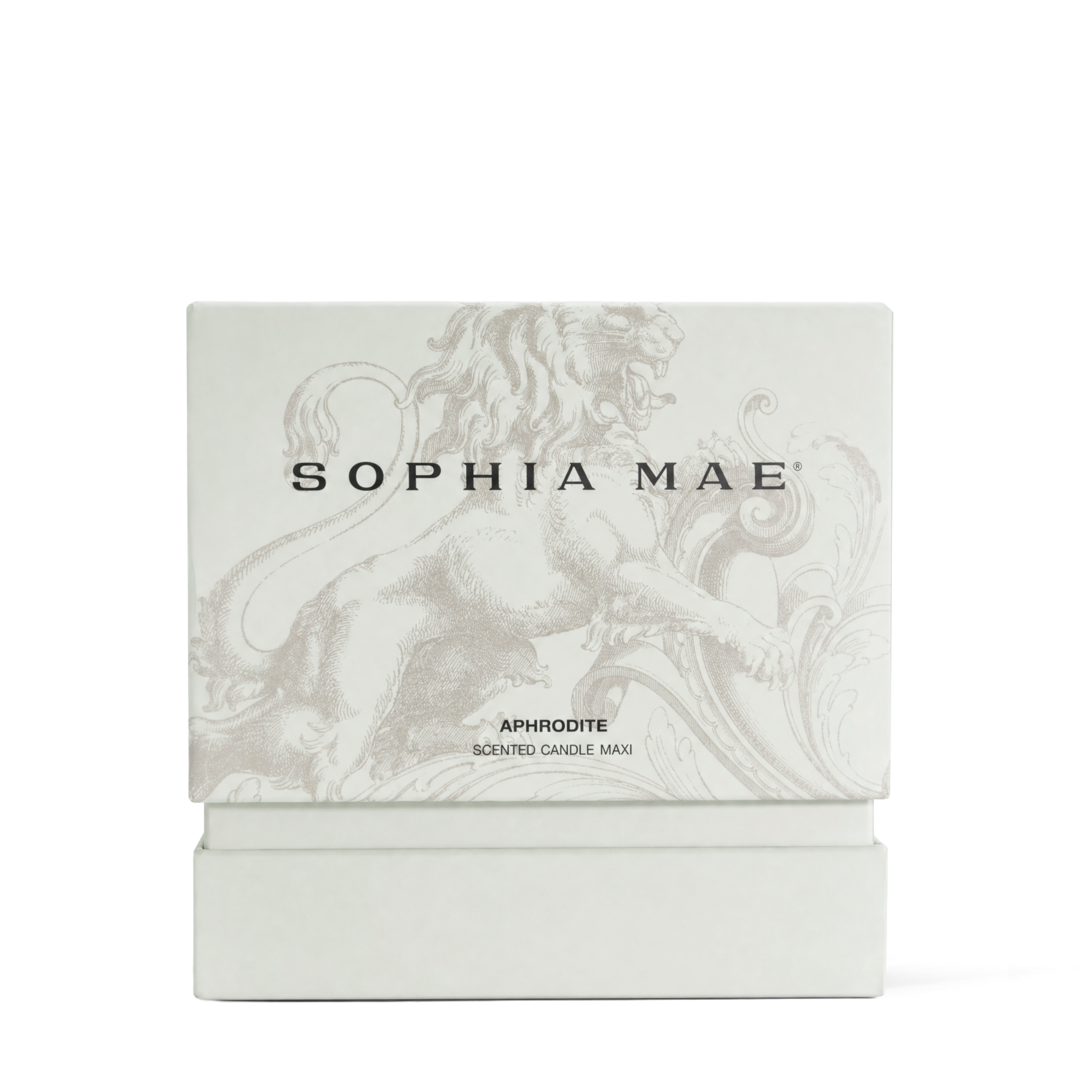 Packaging of the Aphrodite scented candle with notes of vanilla, amber, and musk. 