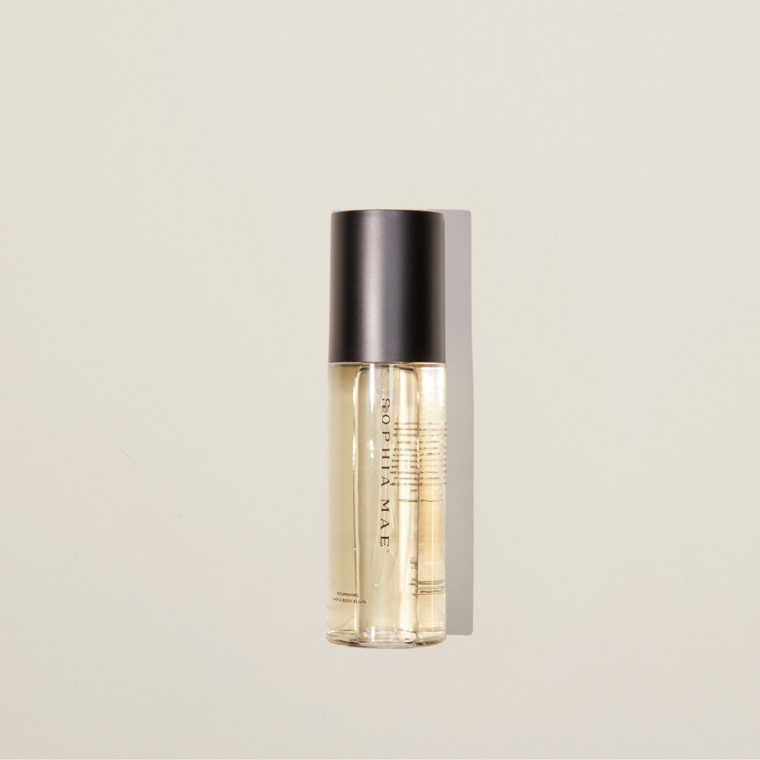 Satin Sheen hair & body oil – nourishing elixir with argan, jojoba, and almond oils for radiant skin and healthy, shiny, frizz-free hair.