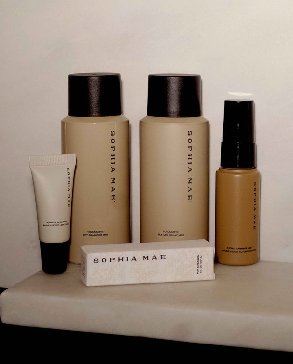 SOPHIA MAE Bestseller selection featuring For a Reason eau de parfum 2 ml, Volumizing Dry Shampoo Mini, Volumizing Texture Spray Mini, Facial Tanning Mist Travel and Liquid Lip Balm mini.