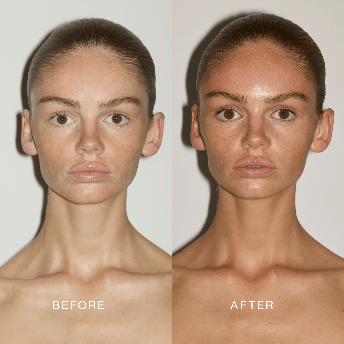Before-and-after comparison of a freckled complexion with a natural, sun-kissed tan after applying the Facial Tanning Mist.