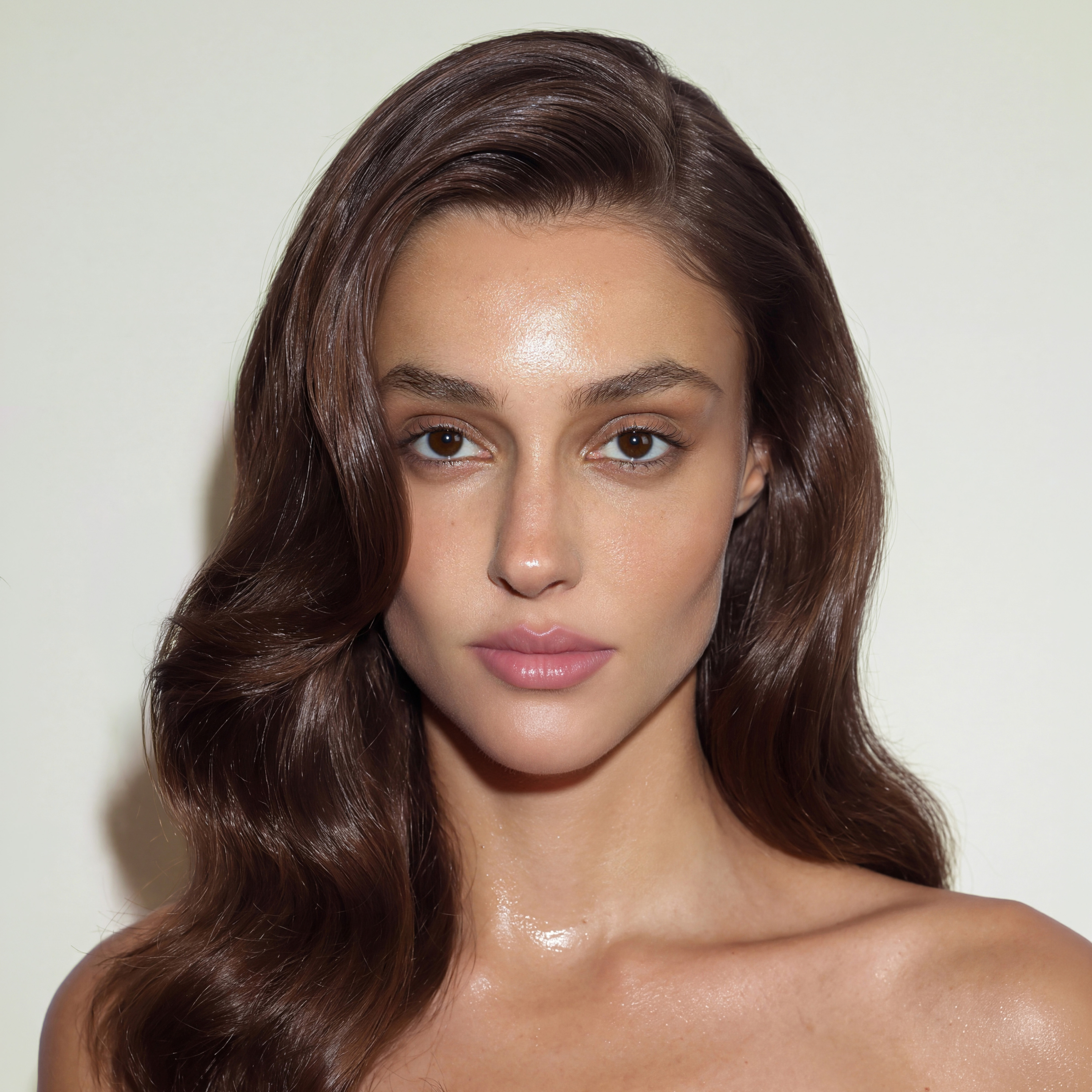 Woman with smooth, glossy waves styled using SOPHIA MAE Hairspray.