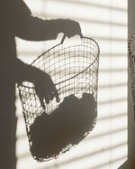 Shadow on a wall of a person holding a wire laundry basket in warm sunlight.