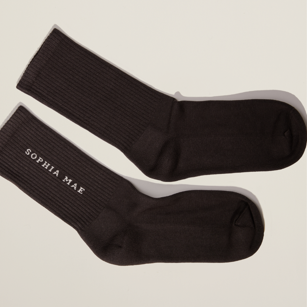 SOPHIA MAE Signature Socks – luxury cotton socks in timeless charcoal with extra-thick footbed for all-day comfort and elegant everyday wear.
