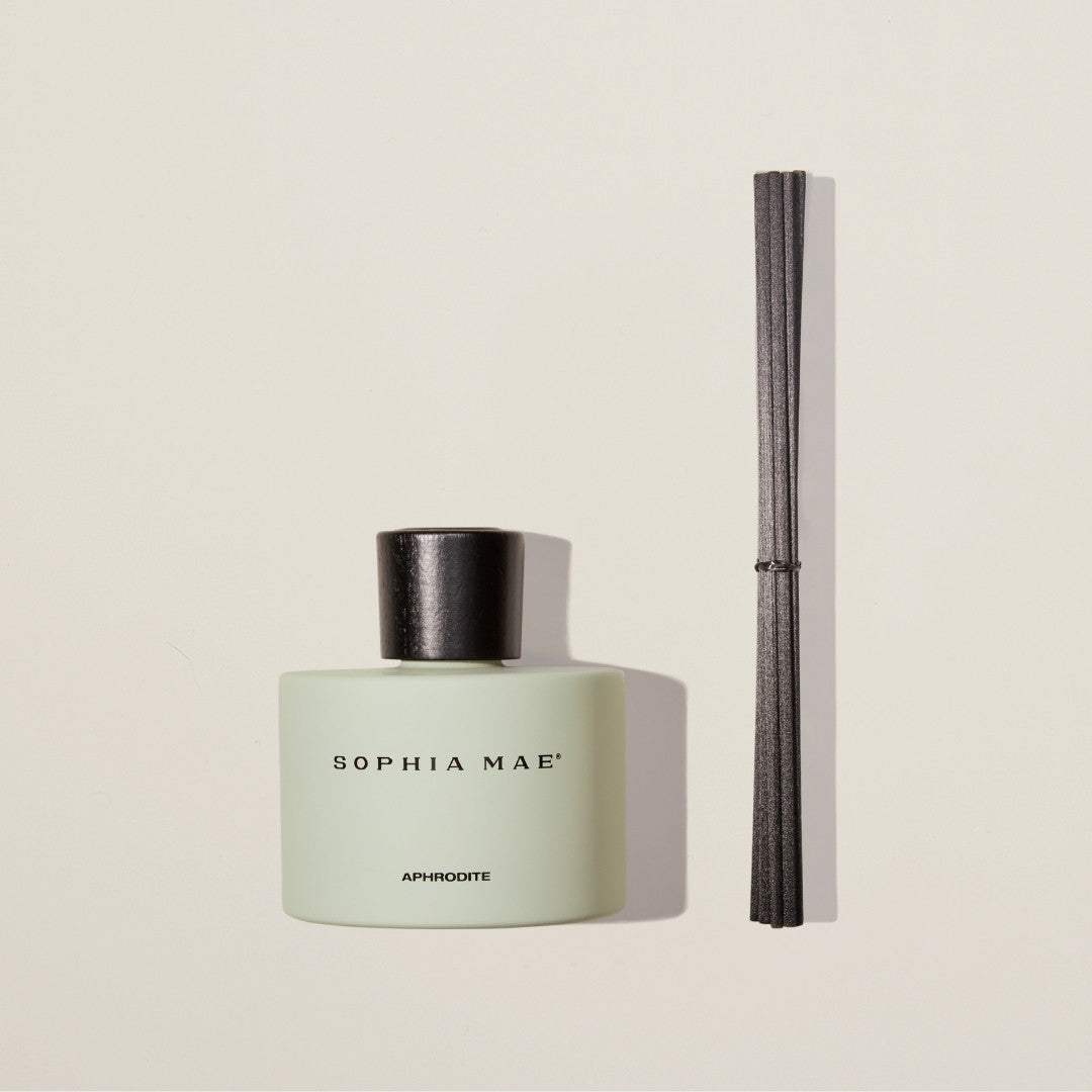 Aphrodite perfumed reeds fragrance sticks in an elegant glass diffuser with vanilla, amber and musk.
