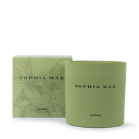 SOPHIA MAE Artemis candle and illustrated box in signature green.