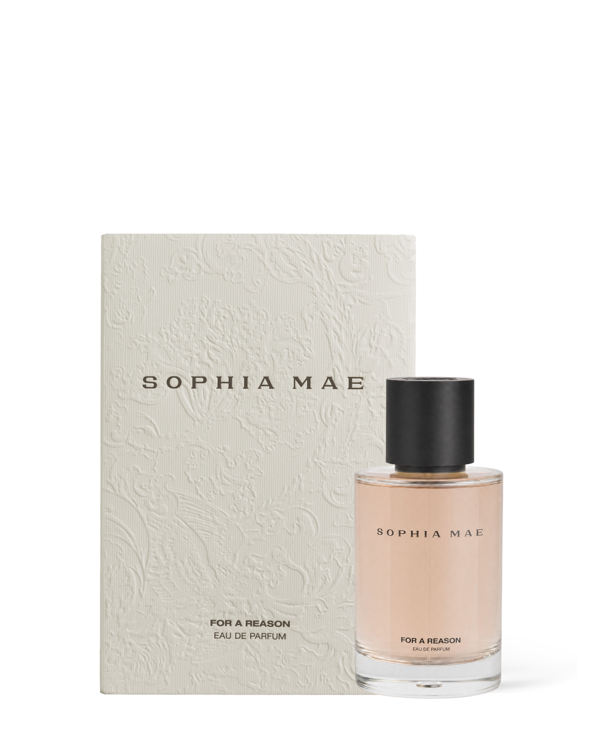 SOPHIA MAE For A Reason Eau de Parfum, formerly known as Aura, shown with its textured ivory packaging and clear glass perfume bottle.