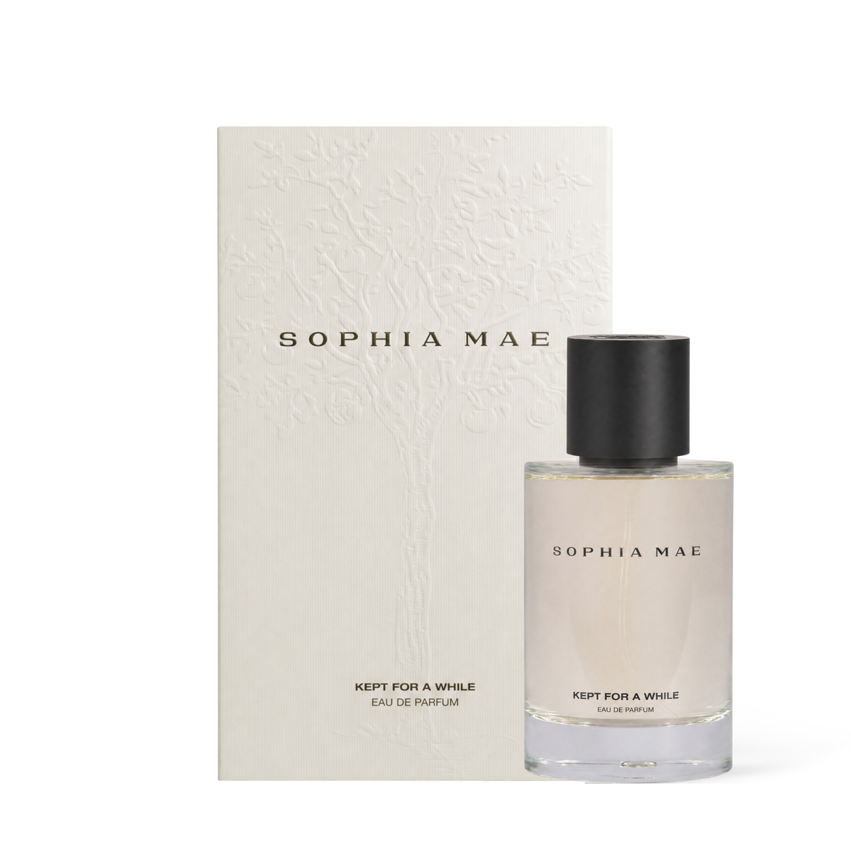Packshot flacon and packaging of SOPHIA MAE' s Kept for a while eau de parfum in size 100 ml.