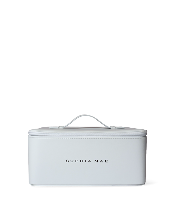 SOPHIA MAE beauty organizer in a minimalist design with top handle and logo.