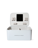 Open SOPHIA MAE beauty organizer with organized compartments and built-in mirror.