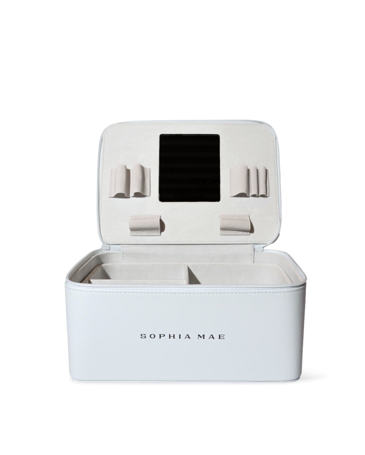 Open SOPHIA MAE beauty organizer with organized compartments and built-in mirror.