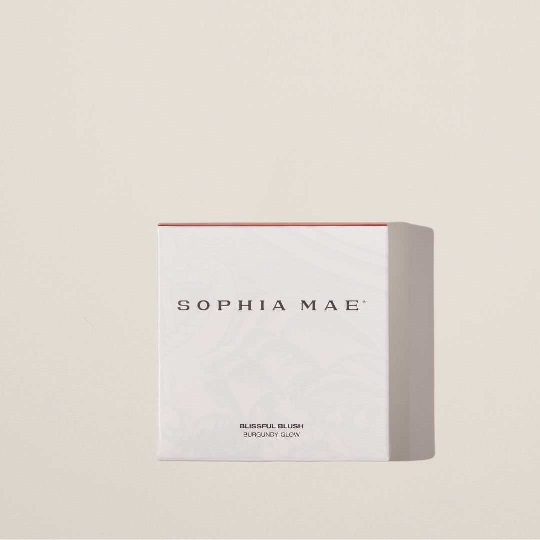 Packaging Blissful Blush in red by SOPHIA MAE. natural cream blush for cheeks, lips, or eyes.