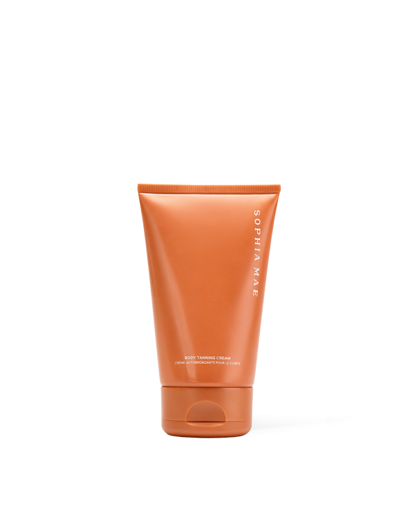 SOPHIA MAE Body Tanning Cream in an orange tube on a packshot for a natural, sun-kissed tan.