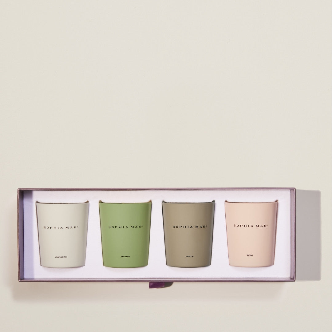 SOPHIA MAE Discovery set – mini scented candle collection with Aphrodite, Artemis, Hestia, and Rosa for a versatile and sensorial home fragrance experience.