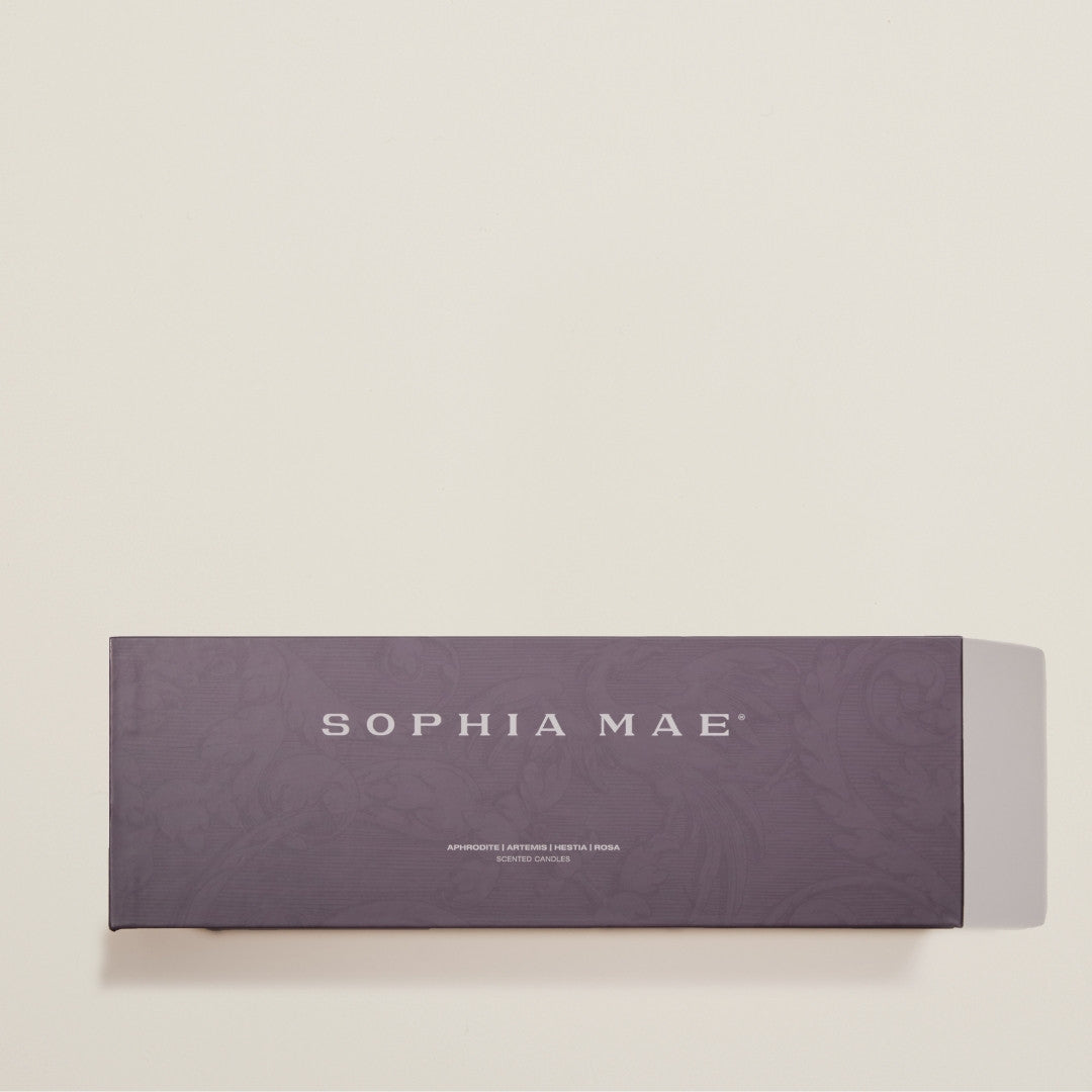 Mini candle set including Aphrodite, Artemis, Hestia, and Rosa – create a personalized ambiance with this elegant fragrance selection.
