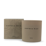 SOPHIA MAE Hestia scented candle in a soft beige vessel, presented with its matching box.
