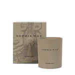 SOPHIA MAE perfumed candle in a soft beige vessel, paired with its packaging.