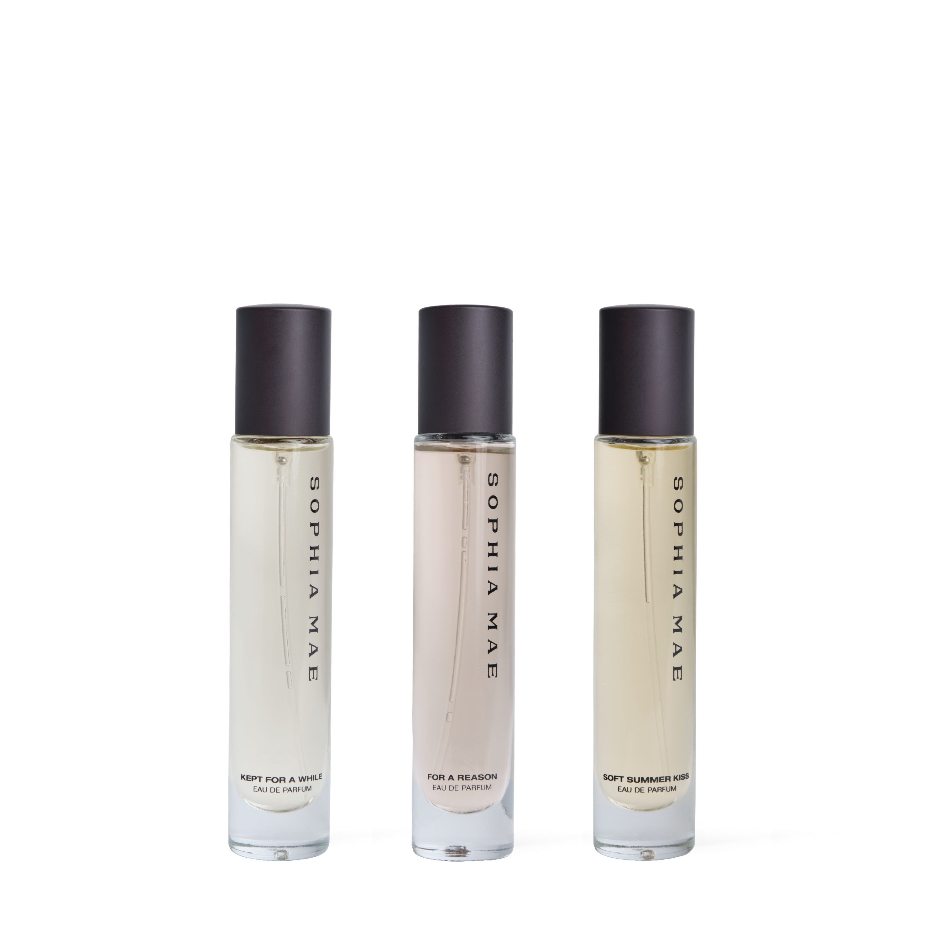 Packshot transparant from three eau de parfum best sellers from SOPHIA MAE without packaging.