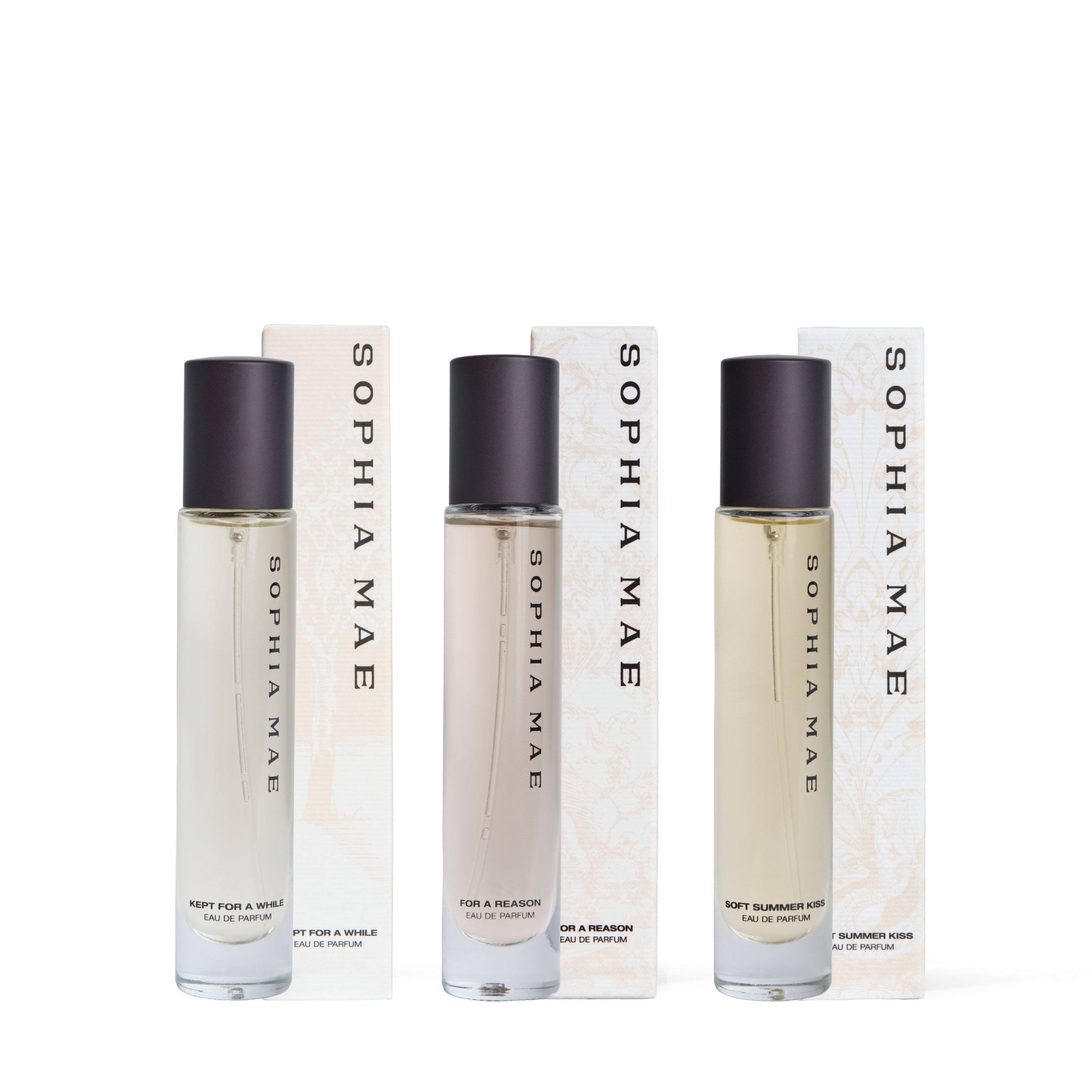 Packshot transparant from three eau de parfum best sellers from SOPHIA MAE with packaging.