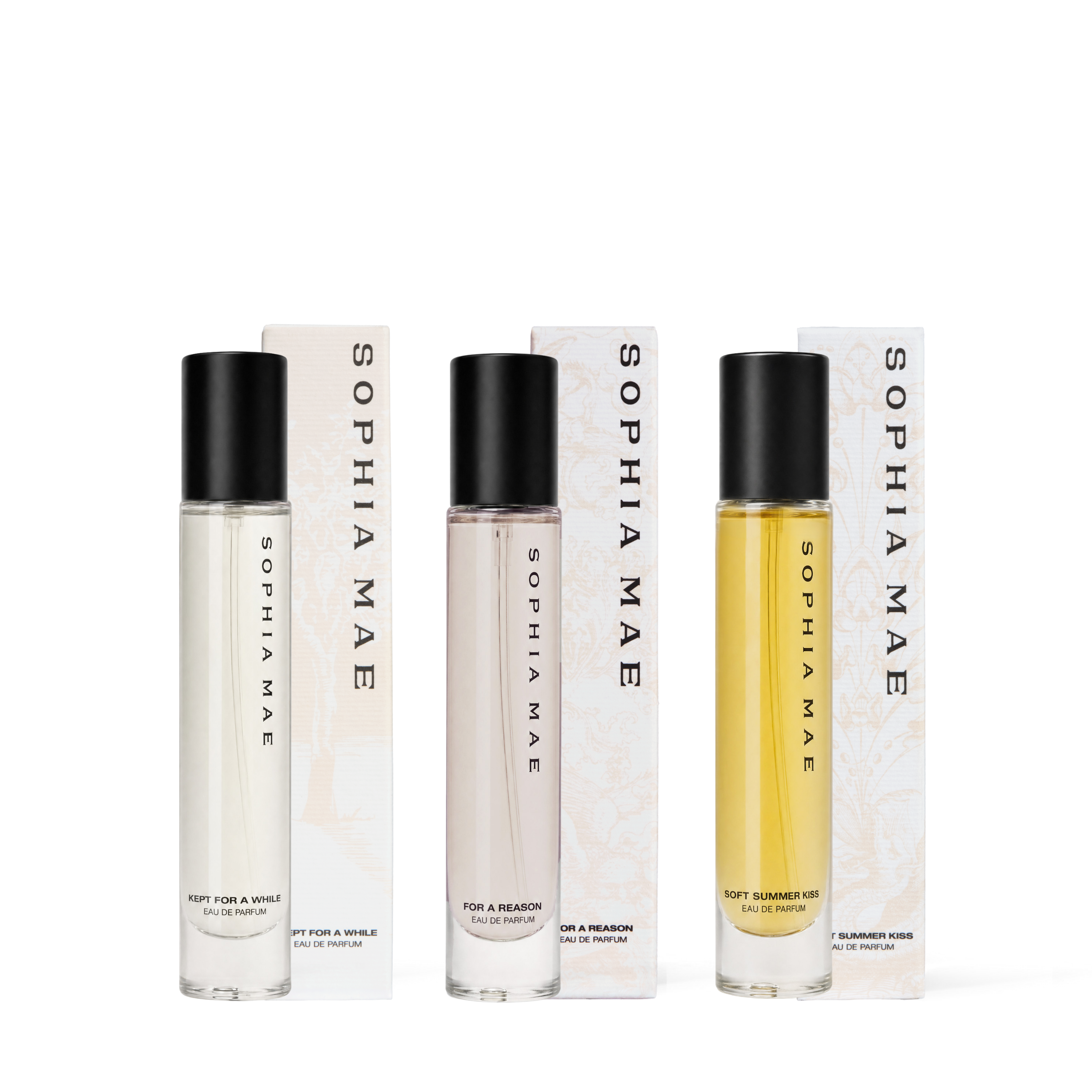 Packshot transparant from three eau de parfum best sellers from SOPHIA MAE with packaging.