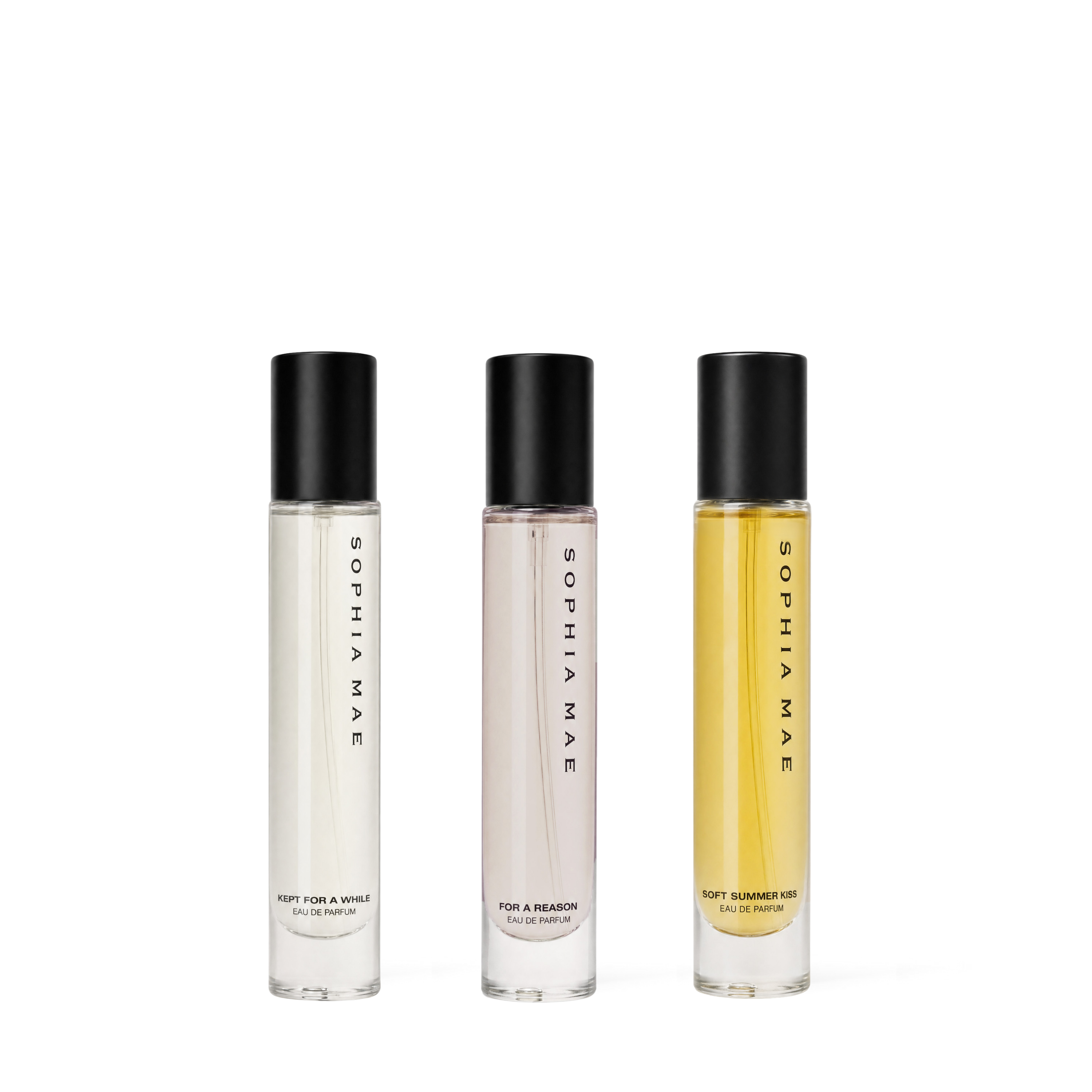 Packshot transparant from three eau de parfum best sellers from SOPHIA MAE without packaging.